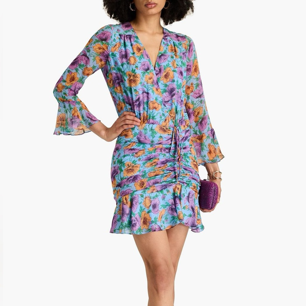 Veronica Beard 100% Silk Sean Floral-Printed Silk Ruched Dress